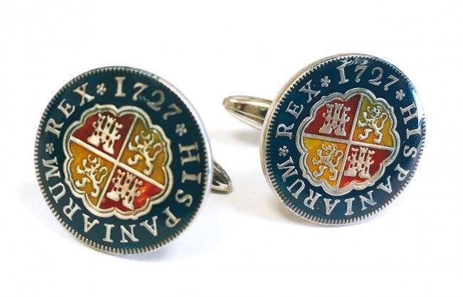 Gemelos para Camisa Replica Moneda 1 Real Español Felipe V 1727 Escudo Anverso