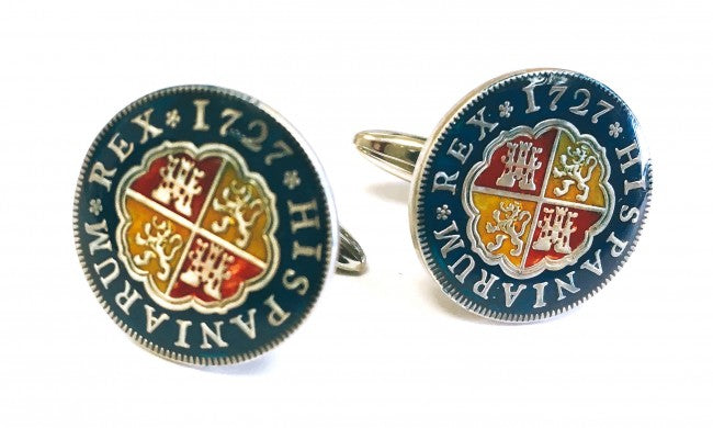 Gemelos para Camisa Replica Moneda 1 Real Español Felipe V 1727 Escudo Anverso