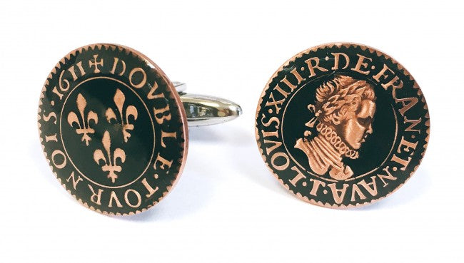 Gemelos para Camisa Replica Moneda Double tournois Francia Louis XIII Año 1611 Color Negro