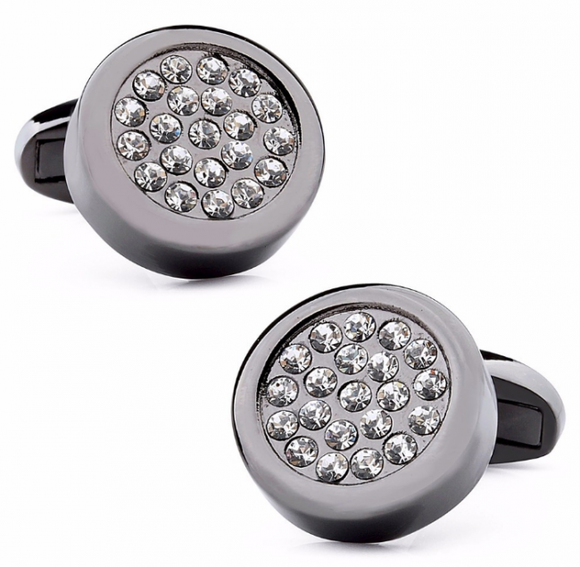 Gemelos para camisa Rounded Black Steel and White Crystal Cuff