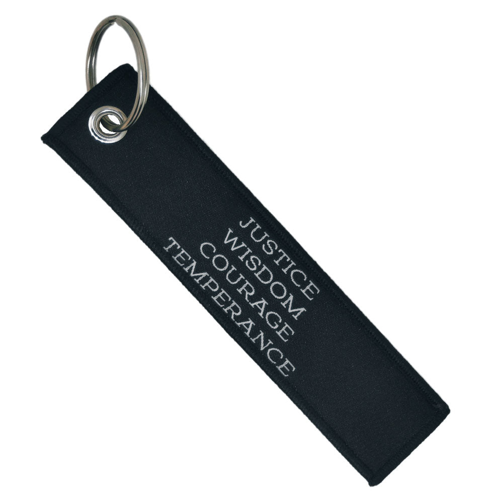 Double-sided embroidered Fabric Keychain with Justice, Wisdom, Courage and Temperance Phrase 13 x 3 cm