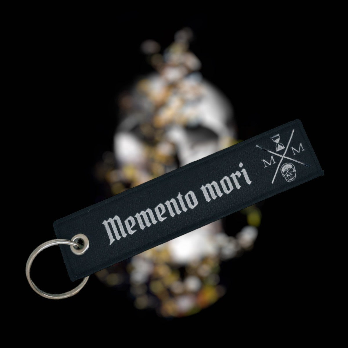 Double-sided embroidered Fabric Keychain with Memento Mori Phrase 13 x 3 cm