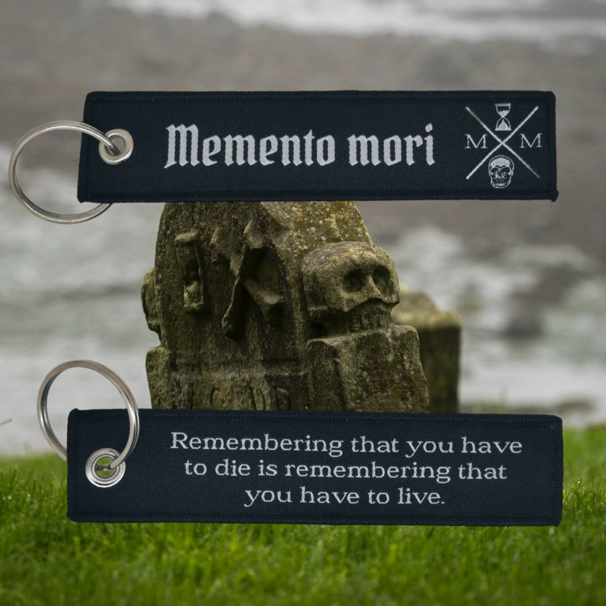 Double-sided embroidered Fabric Keychain with Memento Mori Phrase 13 x 3 cm
