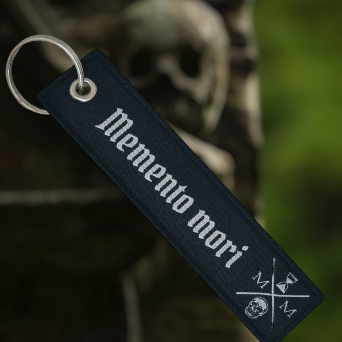 Double-sided embroidered Fabric Keychain with Memento Mori Phrase 13 x 3 cm