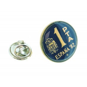 Pin de Solapa Moneda Original Pintada a Mano 1 Peseta Mundial 82 Azul