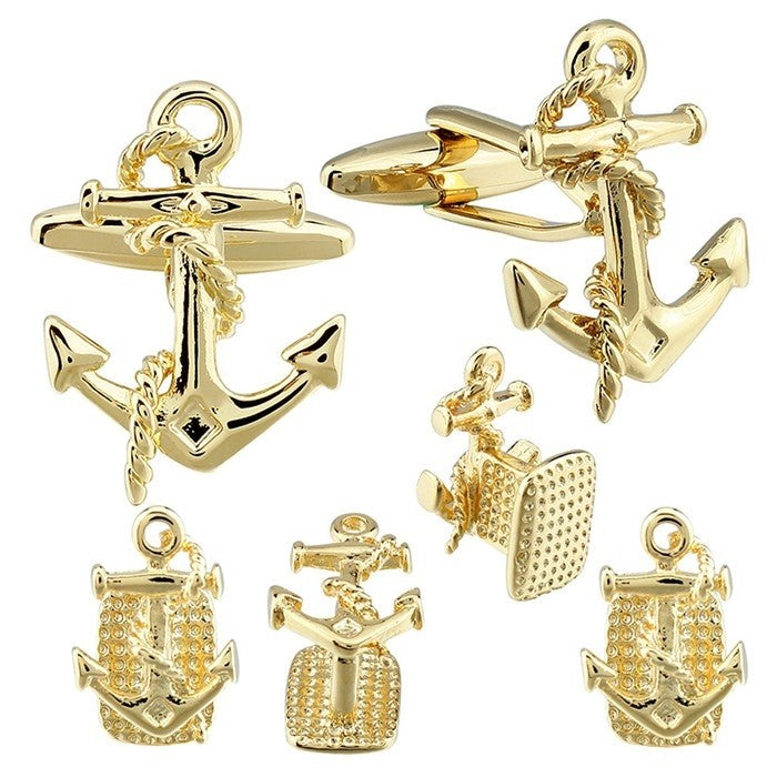 Stud Set Botones de Esmoquin y Gemelos Ancla Dorada