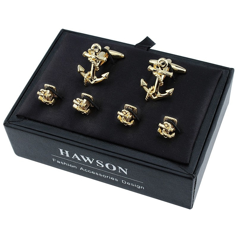 Stud Set Botones de Esmoquin y Gemelos Ancla Dorada