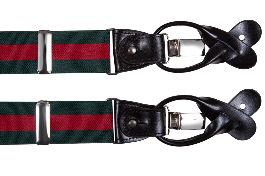 Tirantes para pantalones elásticos con cuero a rayas colores verde y rojo
