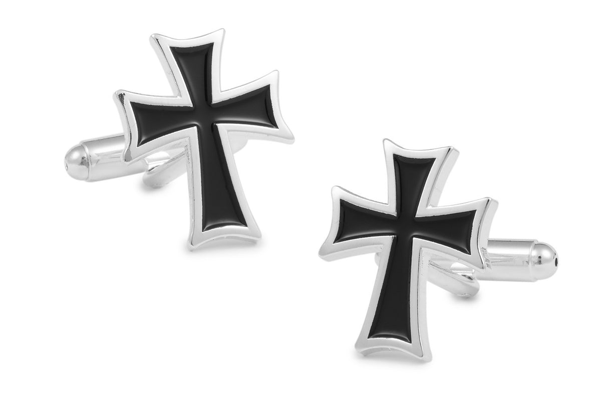 Gemelos de camisa de Cruz Teutónica en latón con Esmaltado Negro - tamaño: 18mm